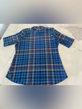 New York & Company Blue Checkered Short Sleeve Top Size Small